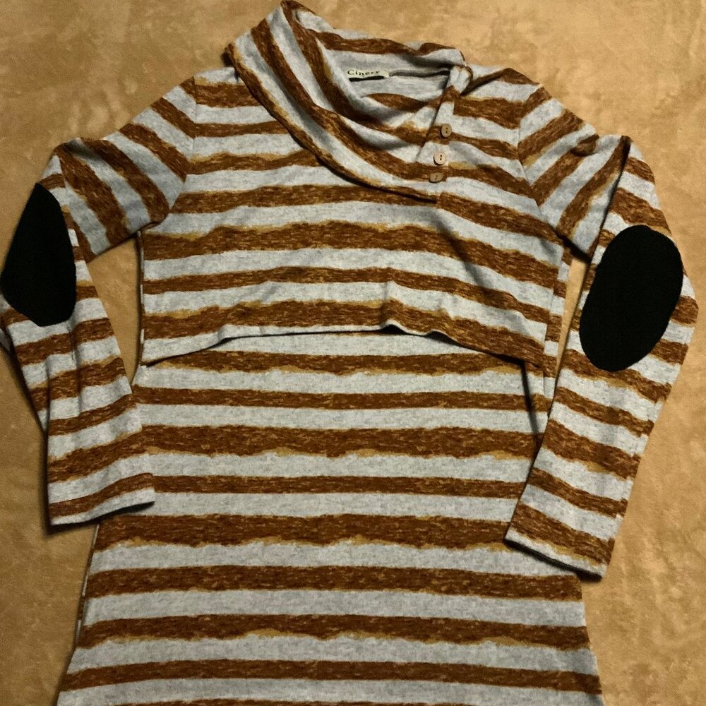 Cinery‎ Women Large Nursing Brown Grey Stripe Long Sleeve Stretch Shirt C02